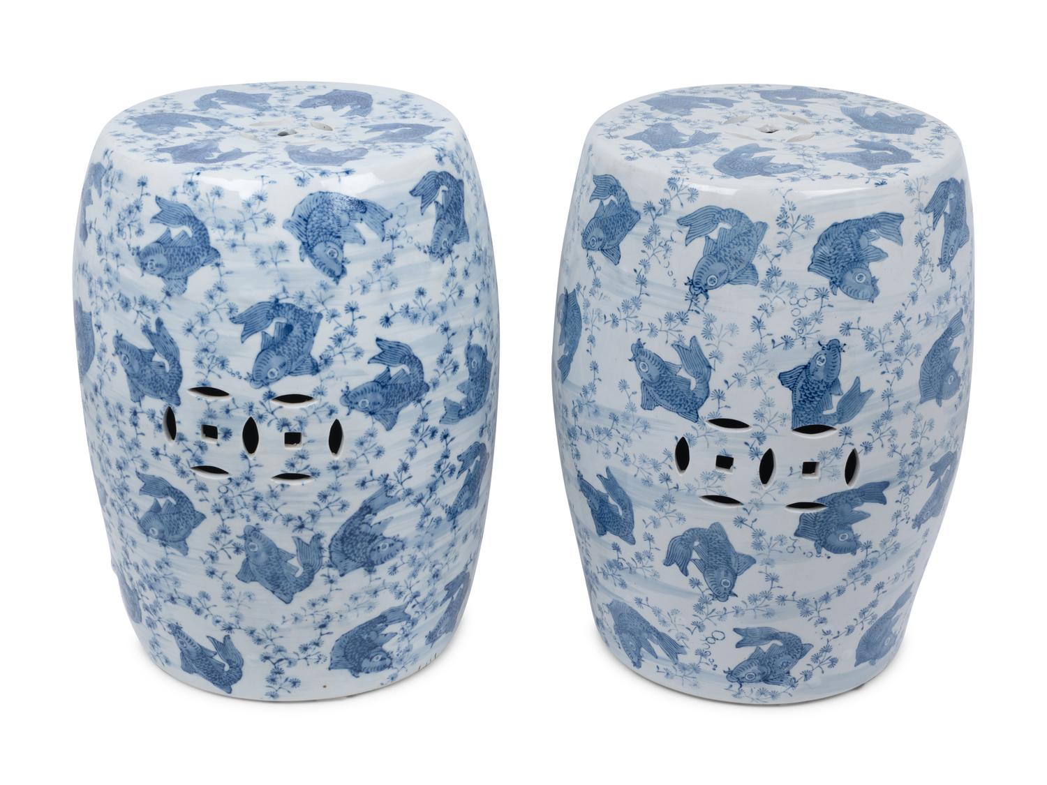 A Pair of Blue and White Porcelain Garden Seats