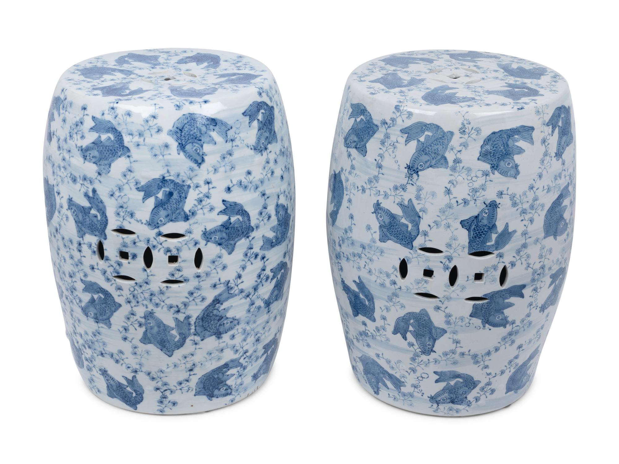 A Pair of Blue and White Porcelain Garden Seats