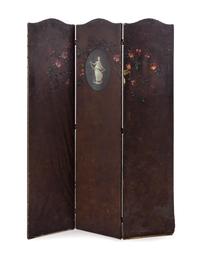 A Victorian Painted Canvas Three-Panel Floor Screen
