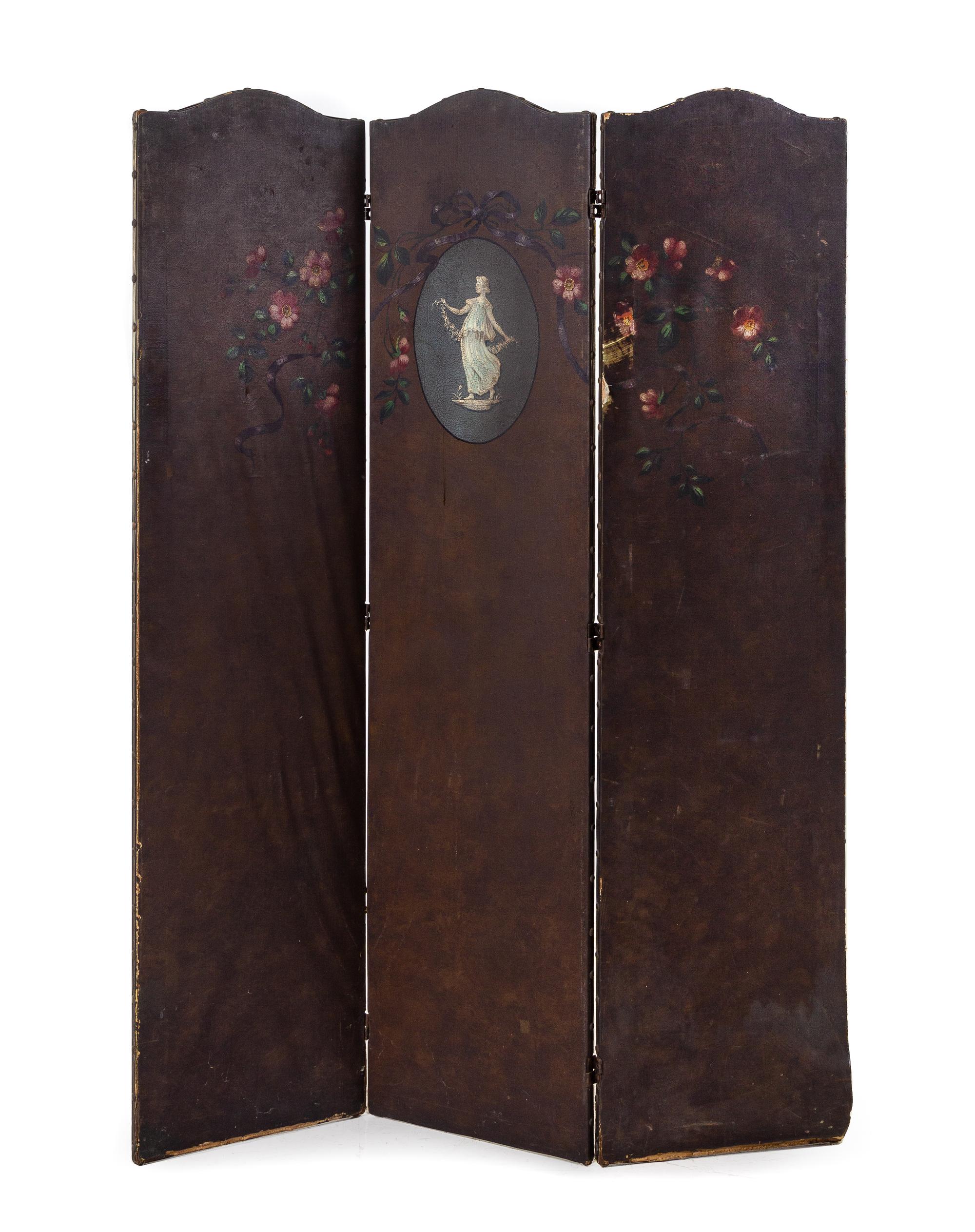 A Victorian Painted Canvas Three-Panel Floor Screen