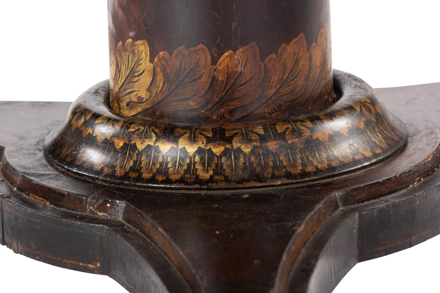 A Classical Parcel Gilt, Stencil Decorated, Carved and Inlaid Mahogany Tilt-Top Claw-Foot Breakfast Table