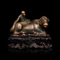A Chinese Bronze 'Monkey on Horse' Figural Group with Wood Stand — 馬上封侯銅鎮紙配木座