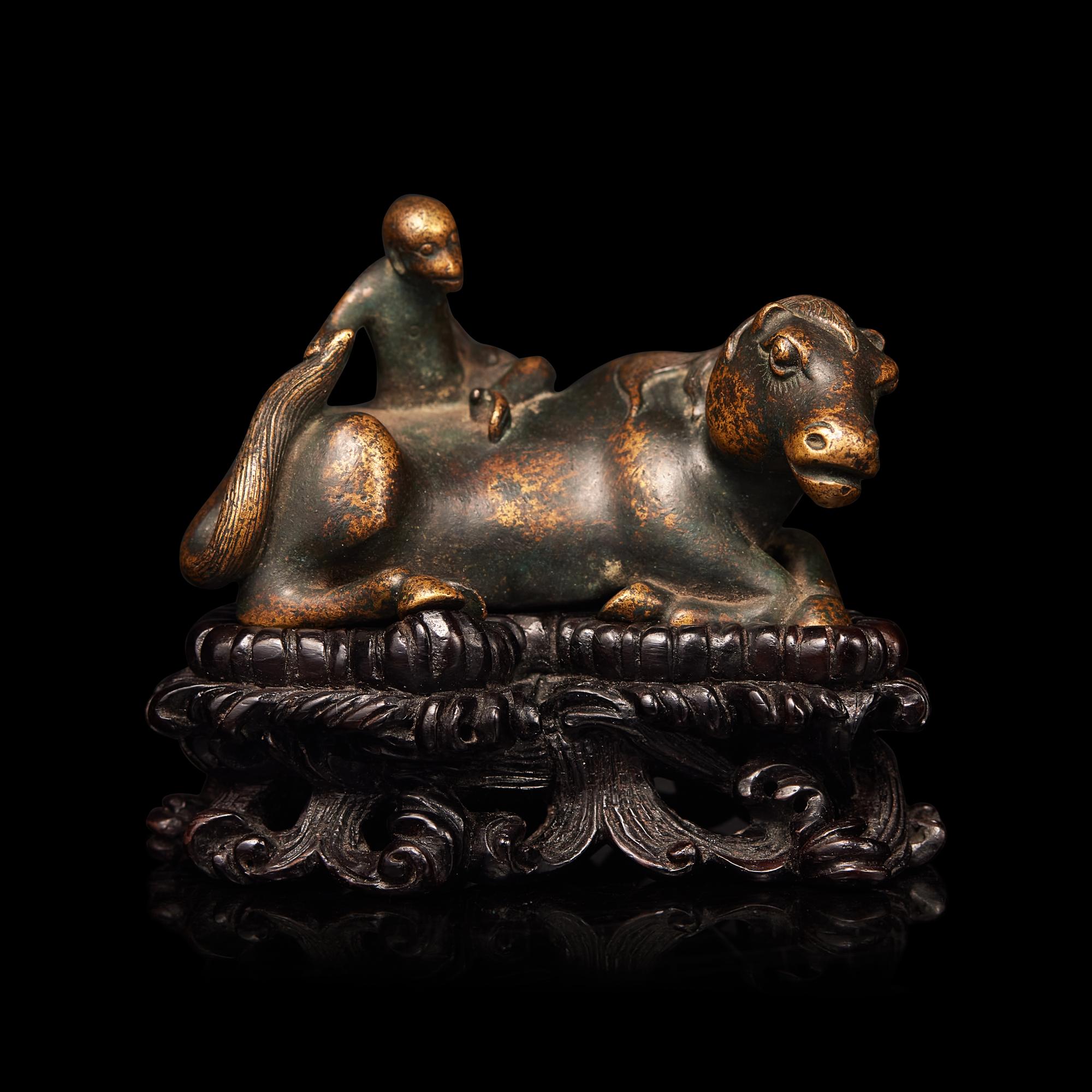 A Chinese Bronze 'Monkey on Horse' Figural Group with Wood Stand — 馬上封侯銅鎮紙配木座