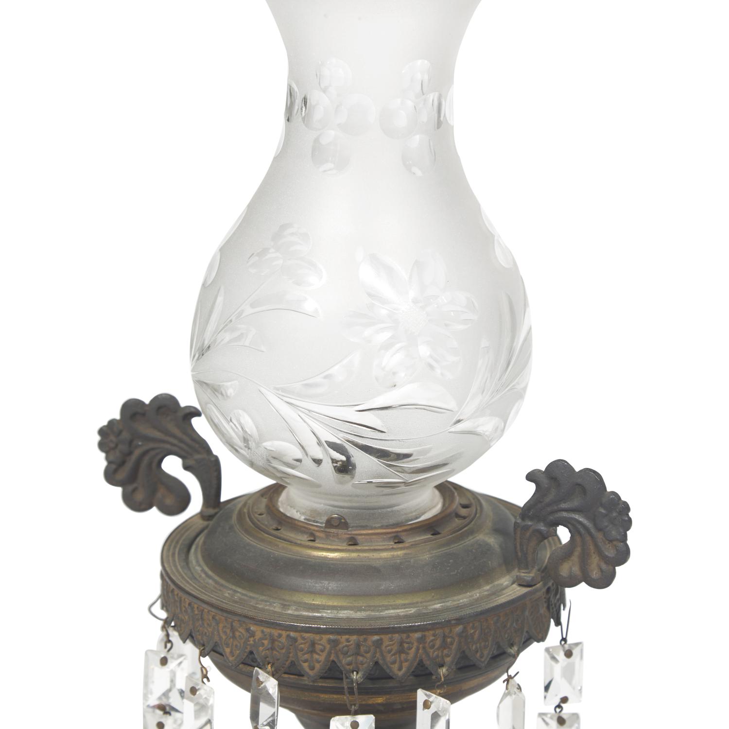 A Pair of Classical Anodized Bronze and Etched Glass Astral Lamps