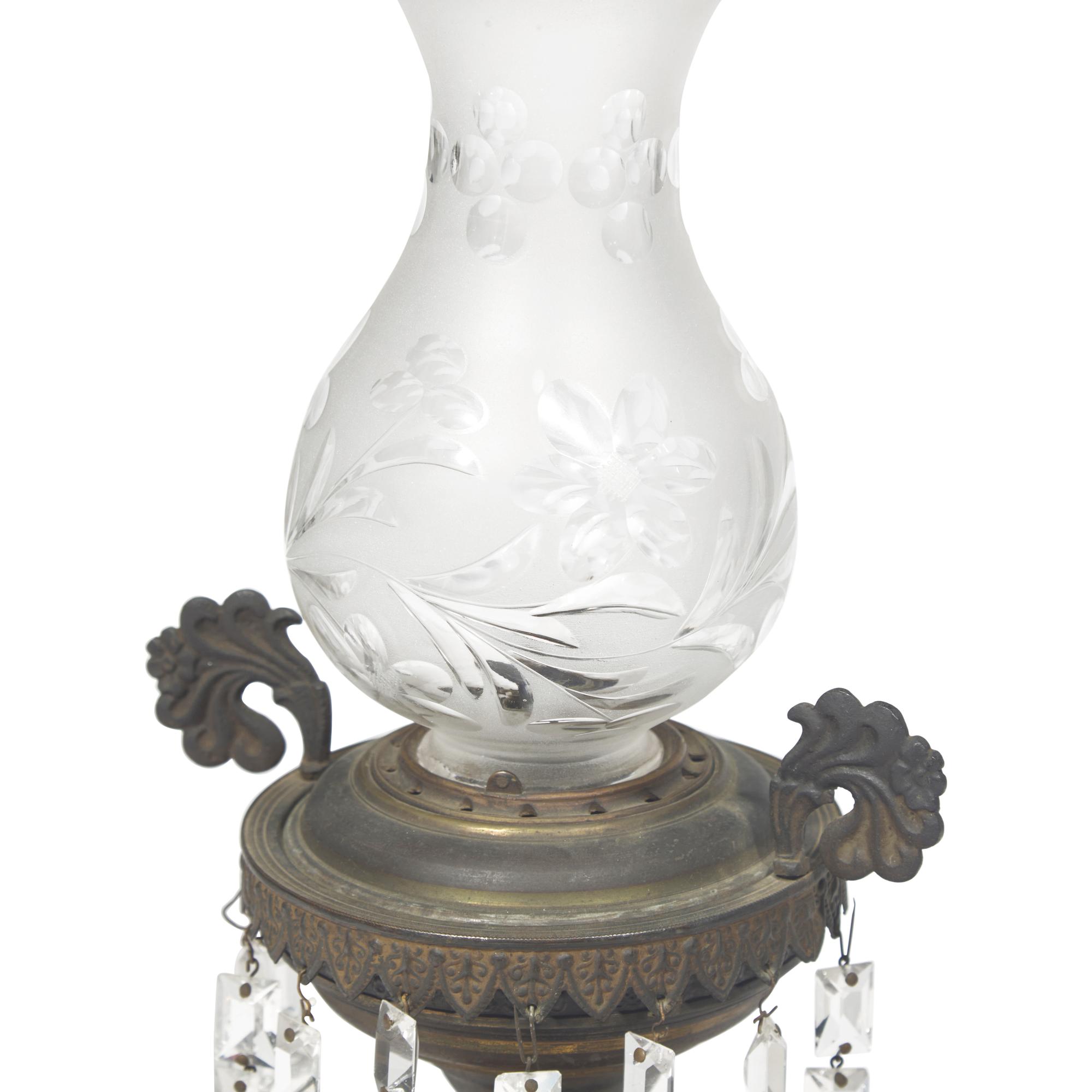 A Pair of Classical Anodized Bronze and Etched Glass Astral Lamps