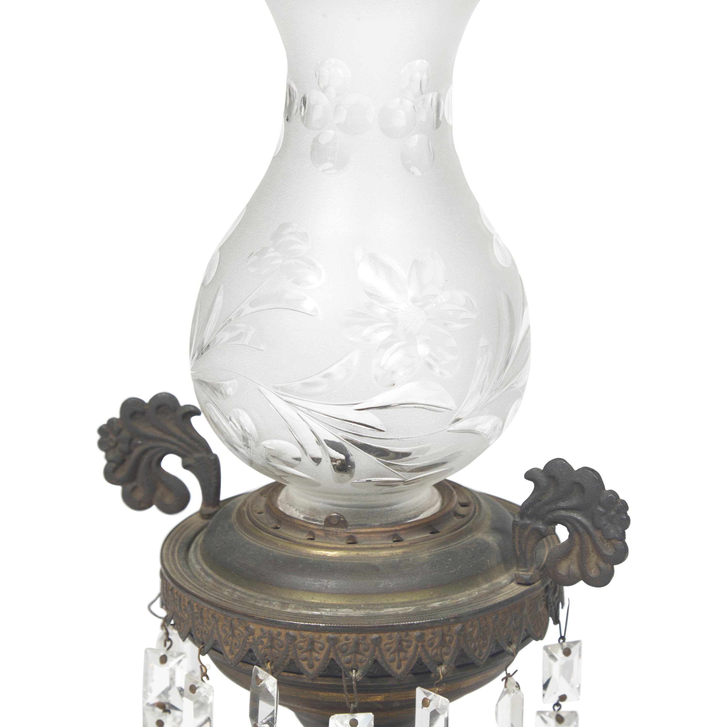 A Pair of Classical Anodized Bronze and Etched Glass Astral Lamps