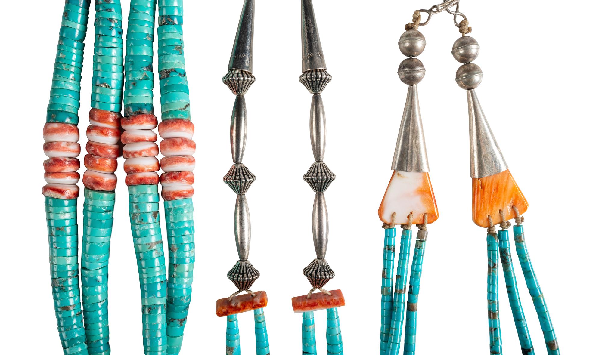 Pueblo Multi-Strand Rolled Turquoise and Coral Necklaces