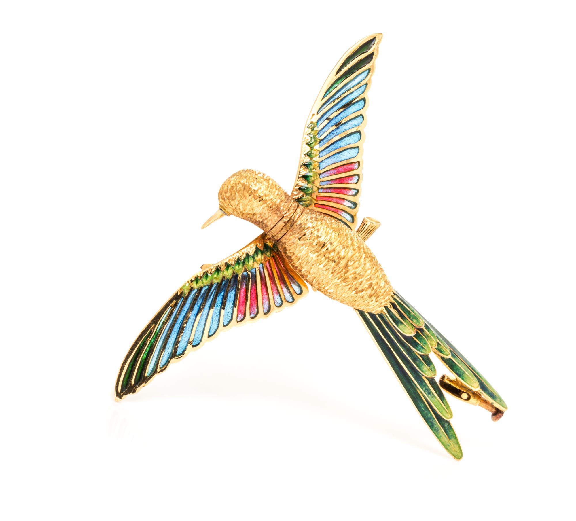 An 18 Karat Yellow Gold and Plique-a-Jour Articulated Hummingbird Brooch, 9.90 dwts.