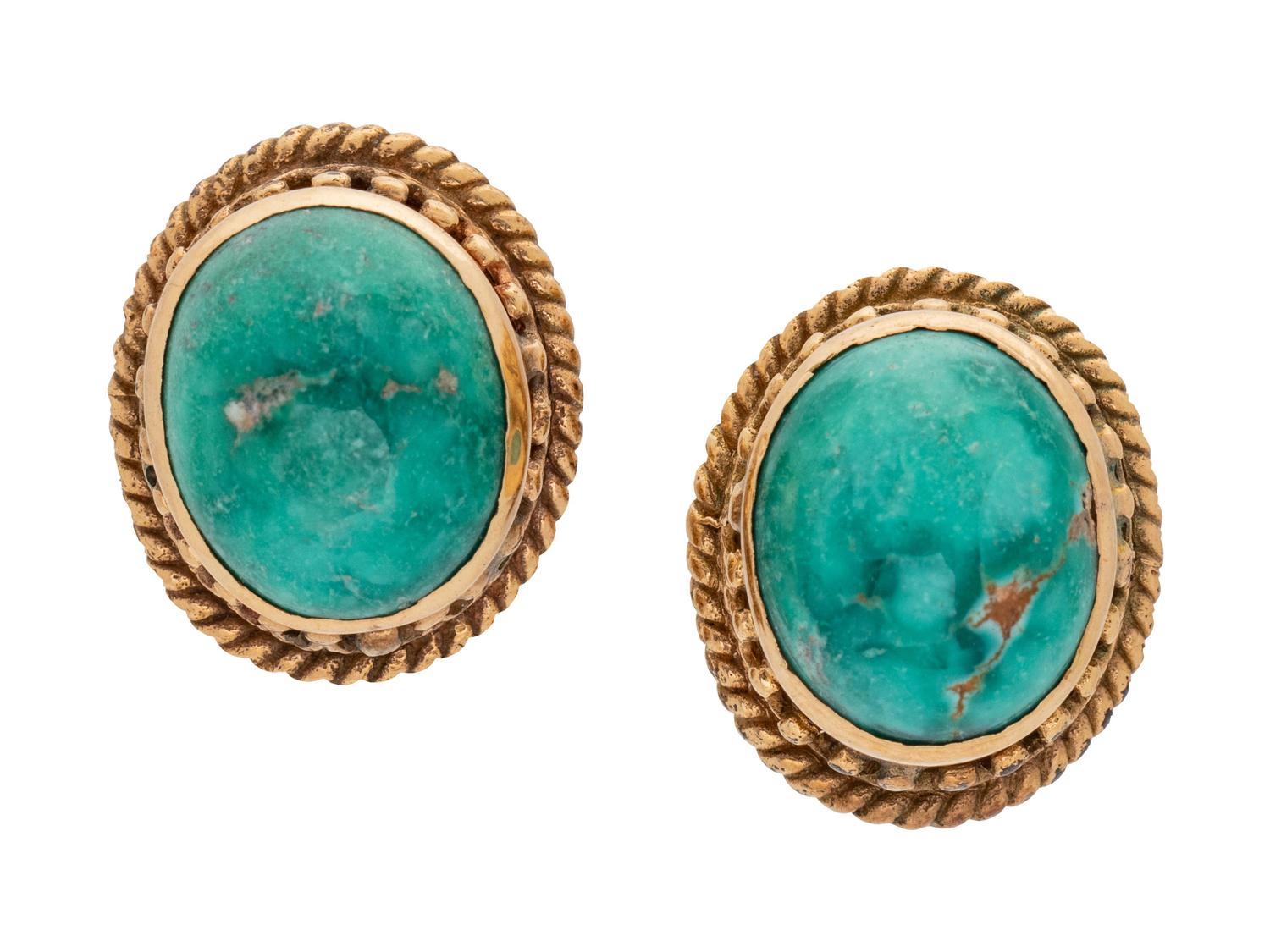 A Pair of Yellow Gold and Turquoise Earrings,