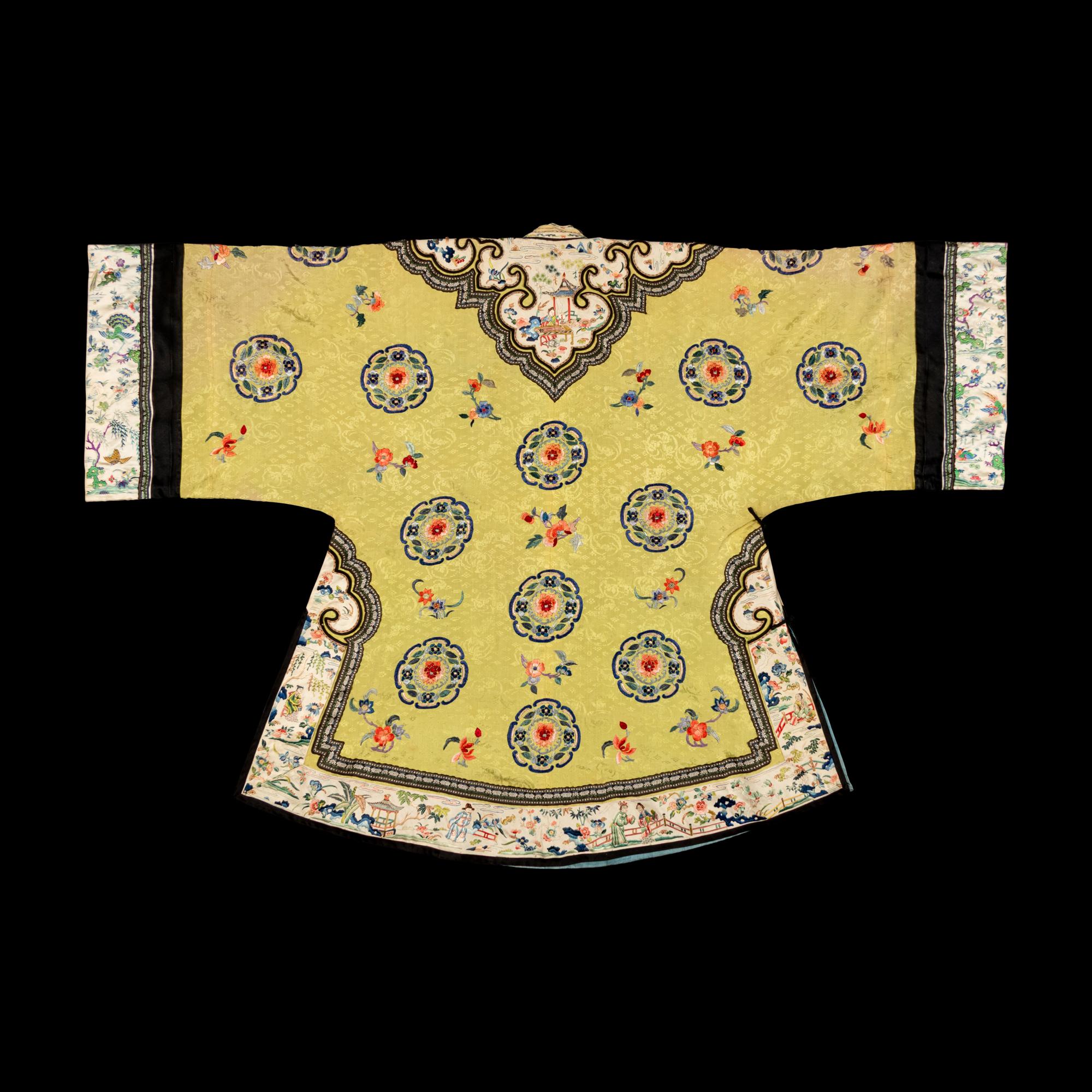 A Chinese Yellow Ground Embroidered Silk Lady's Jacket, 19th Century 清中期 黃地團花紋女大襟