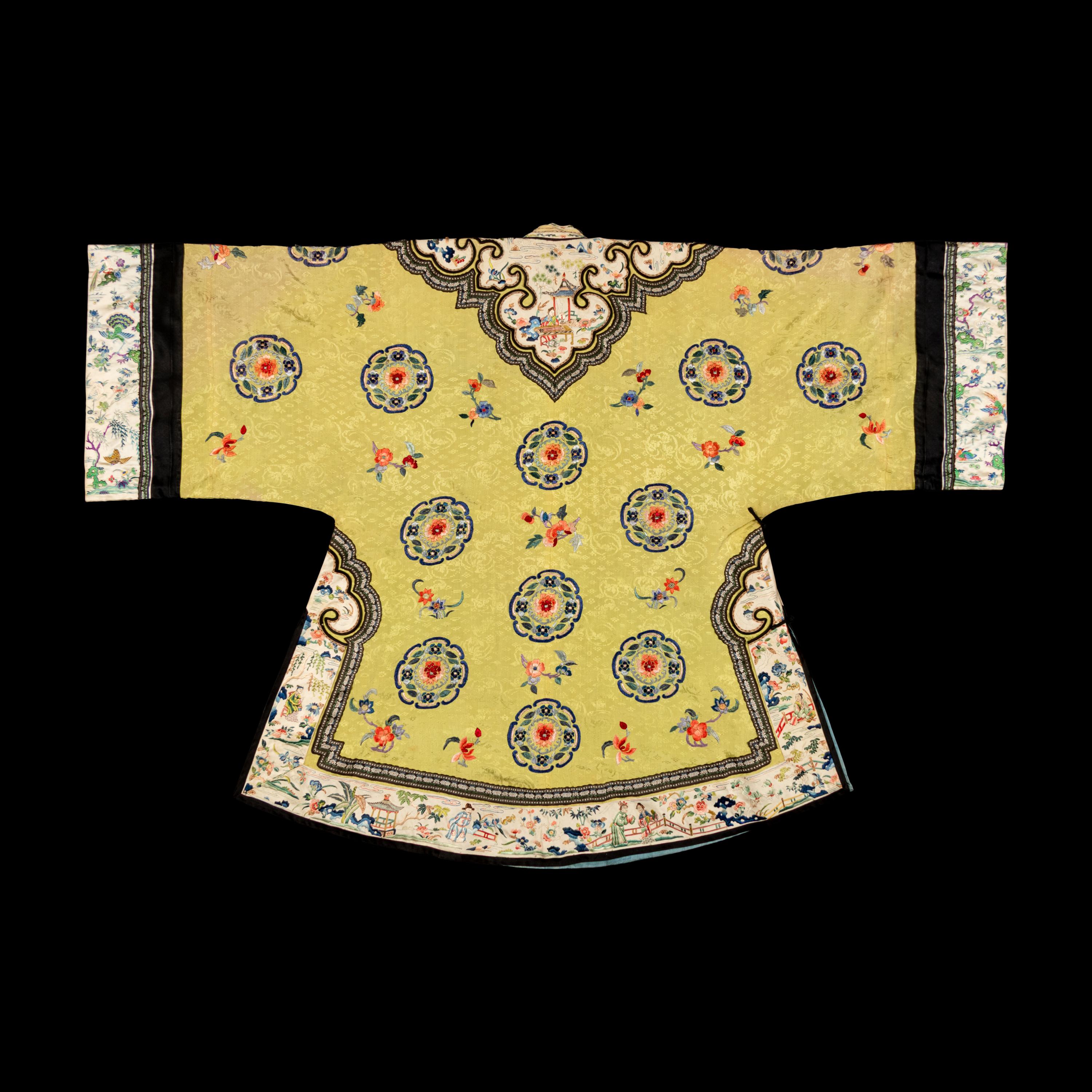 A Chinese Yellow Ground Embroidered Silk Lady's Jacket, 19th Century 清中期 黃地團花紋女大襟