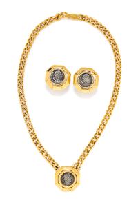 A Ciner Goldtone Coin Demi Parure, 15.5" L; Pendant and Earclips: 1" diameter.