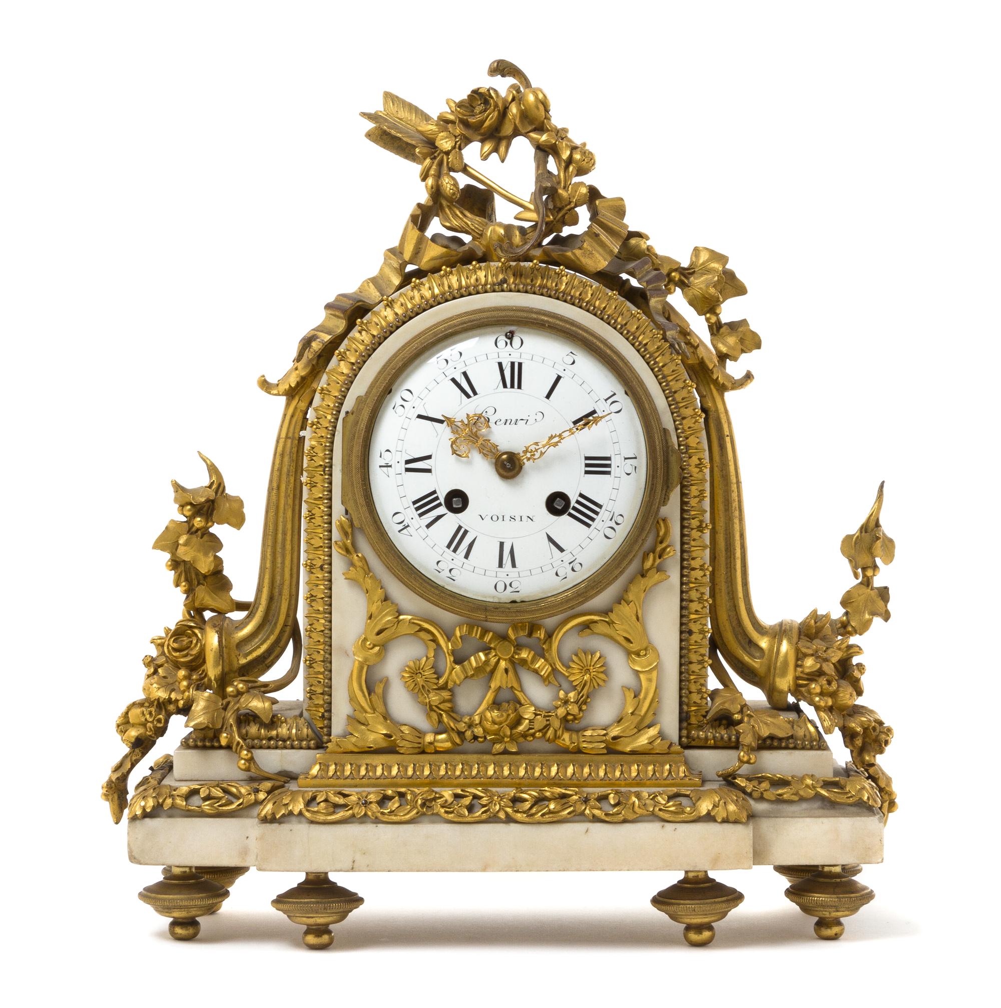 A Louis XVI Gilt Bronze and Marble Mantel Clock Height 13 1/4 inches. — LATE 18TH CENTURY