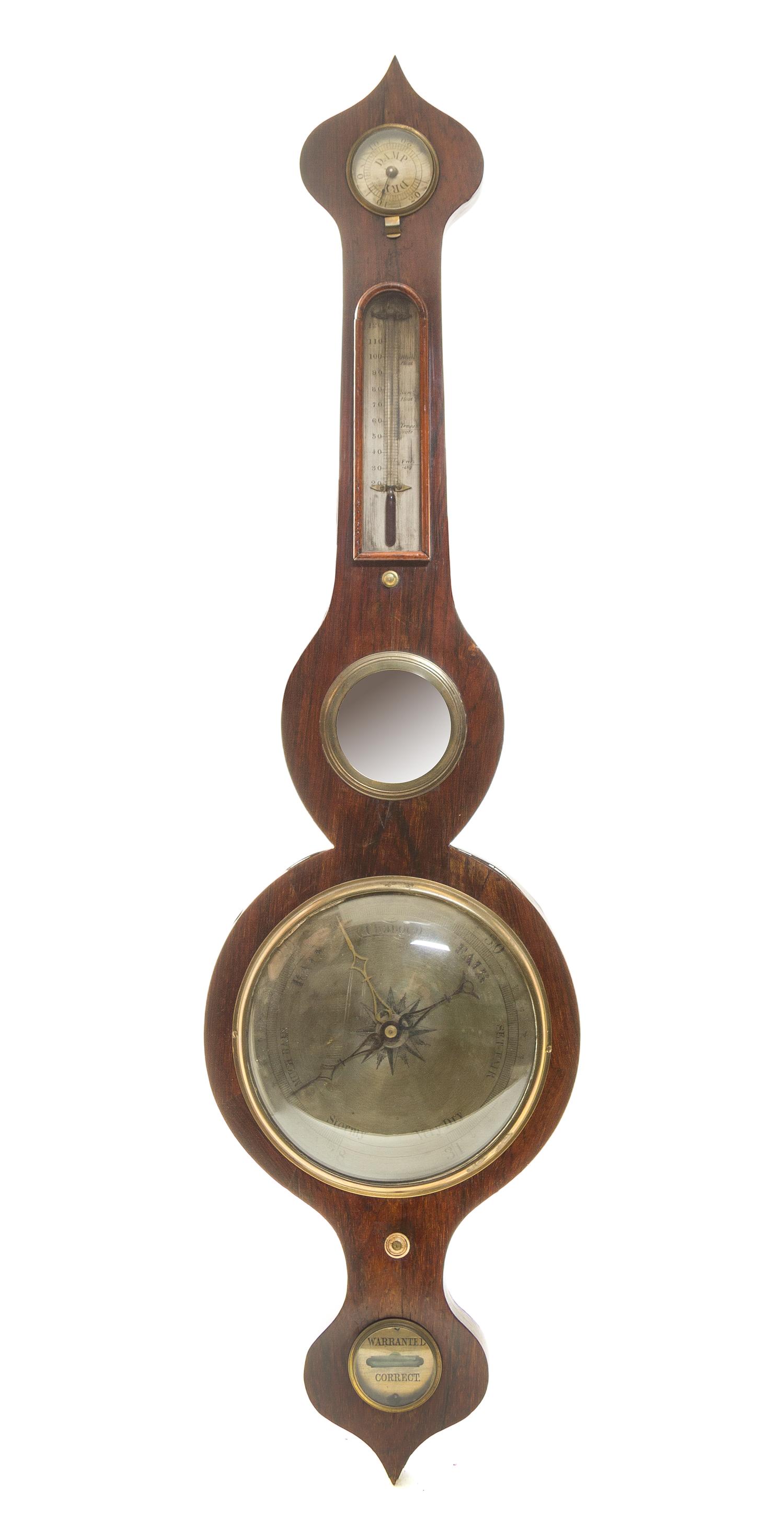 An English Mahogany Wheel Barometer, Height 38 1/2 inches.