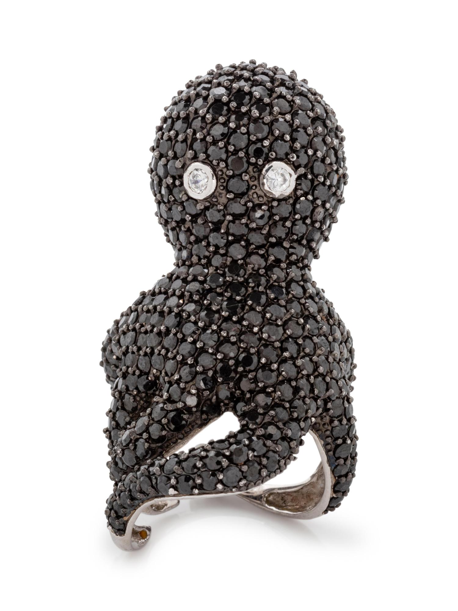 A Silver, Black Diamond and Diamond Octopus Ring,