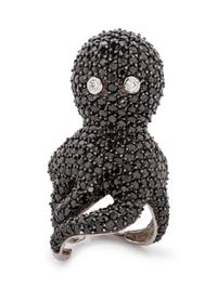 A Silver, Black Diamond and Diamond Octopus Ring,