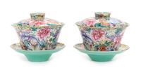 A Pair of Famille Rose Porcelain 'Millefleur' Tea Cups and Saucers Diameter of tea cup 4 1/8 inches. — 19TH CENTURY