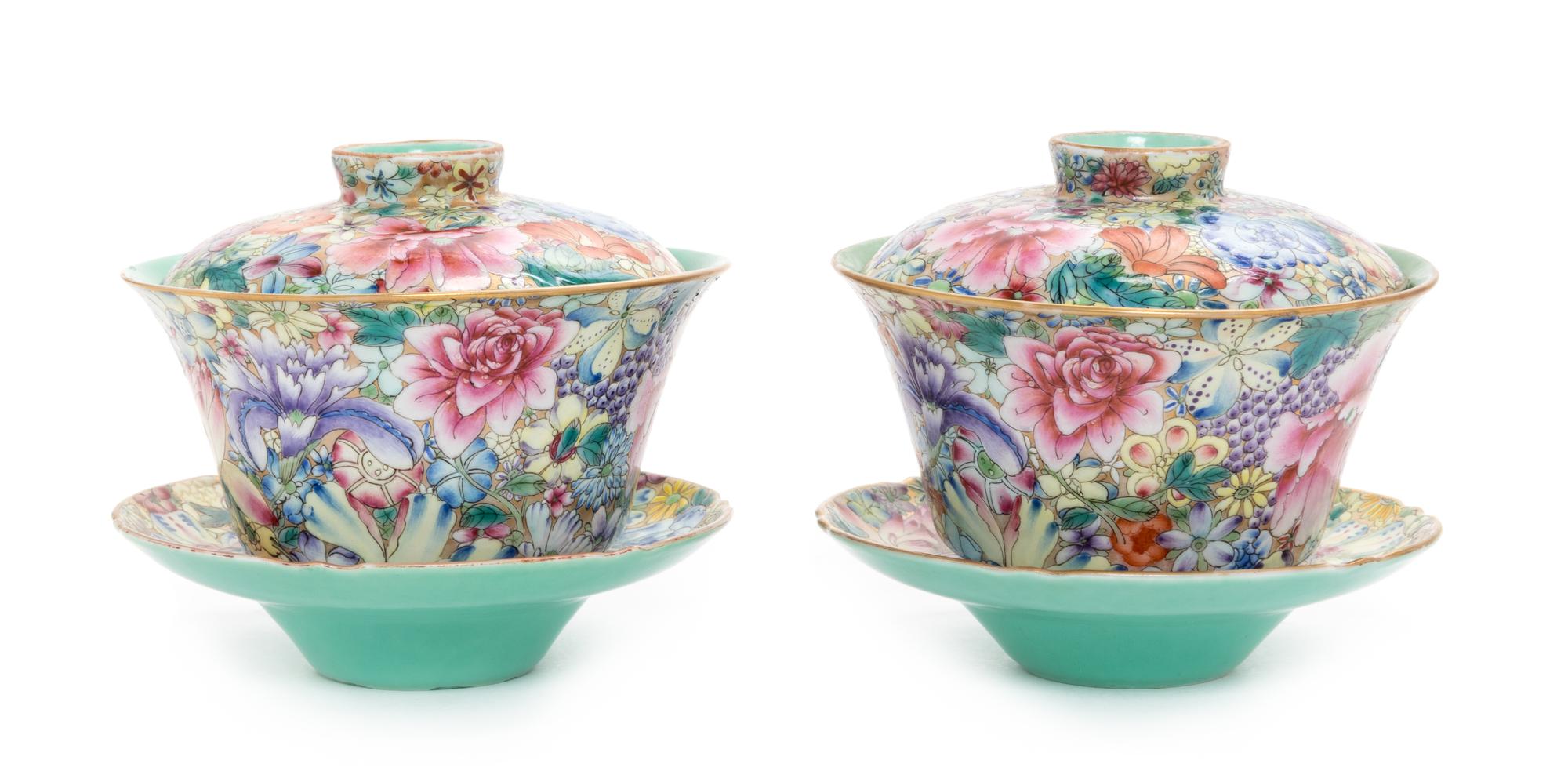 A Pair of Famille Rose Porcelain 'Millefleur' Tea Cups and Saucers Diameter of tea cup 4 1/8 inches. — 19TH CENTURY