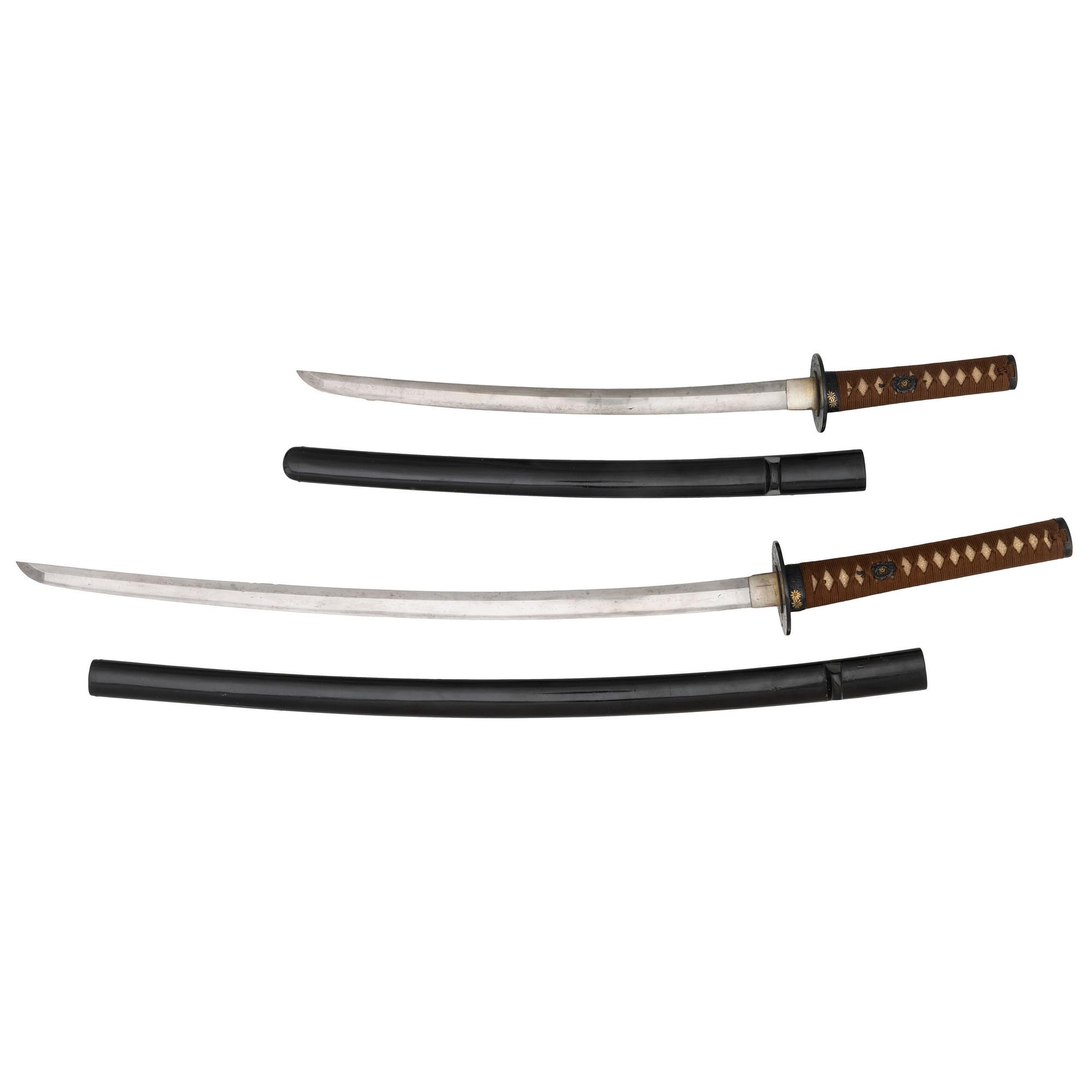 Pair of Japanese Swords with Matching Koshirae Including: Katana and Late Muromachi-Period Wakizashi Attributed to "Katsumitsu"
