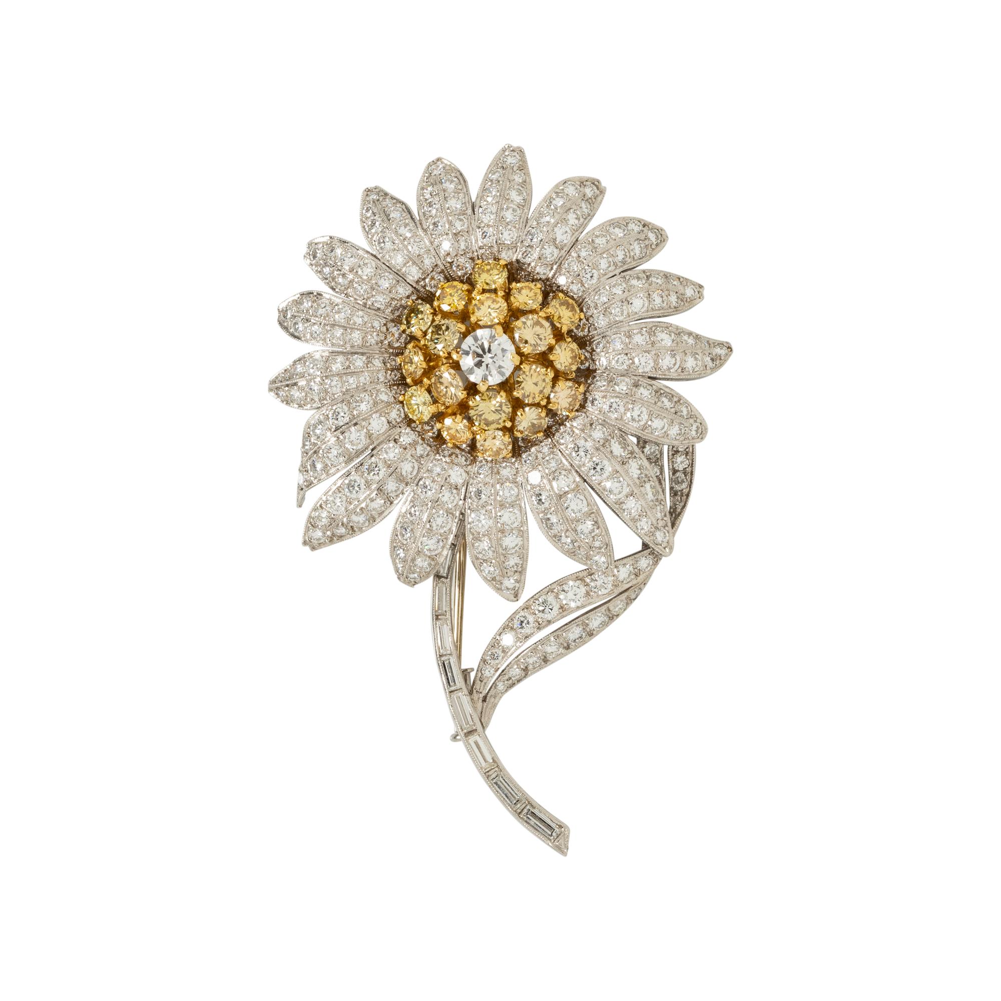 DIAMOND AND COLORED DIAMOND FLOWER BROOCH