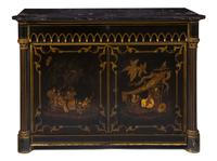 A Pair of Regency Chinoiserie Lacquered Cabinets, Height 39 x width 51 1/2 x depth 21 inches.