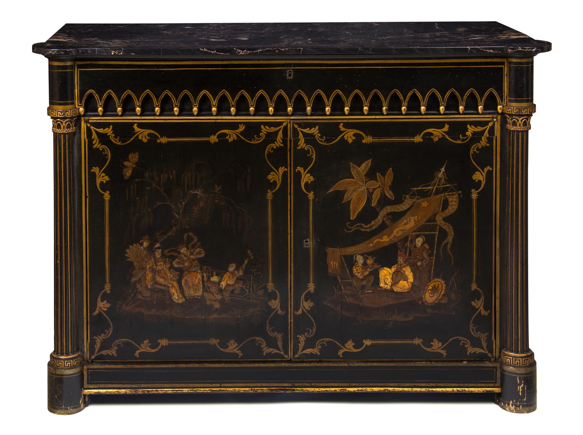 A Pair of Regency Chinoiserie Lacquered Cabinets, Height 39 x width 51 1/2 x depth 21 inches.