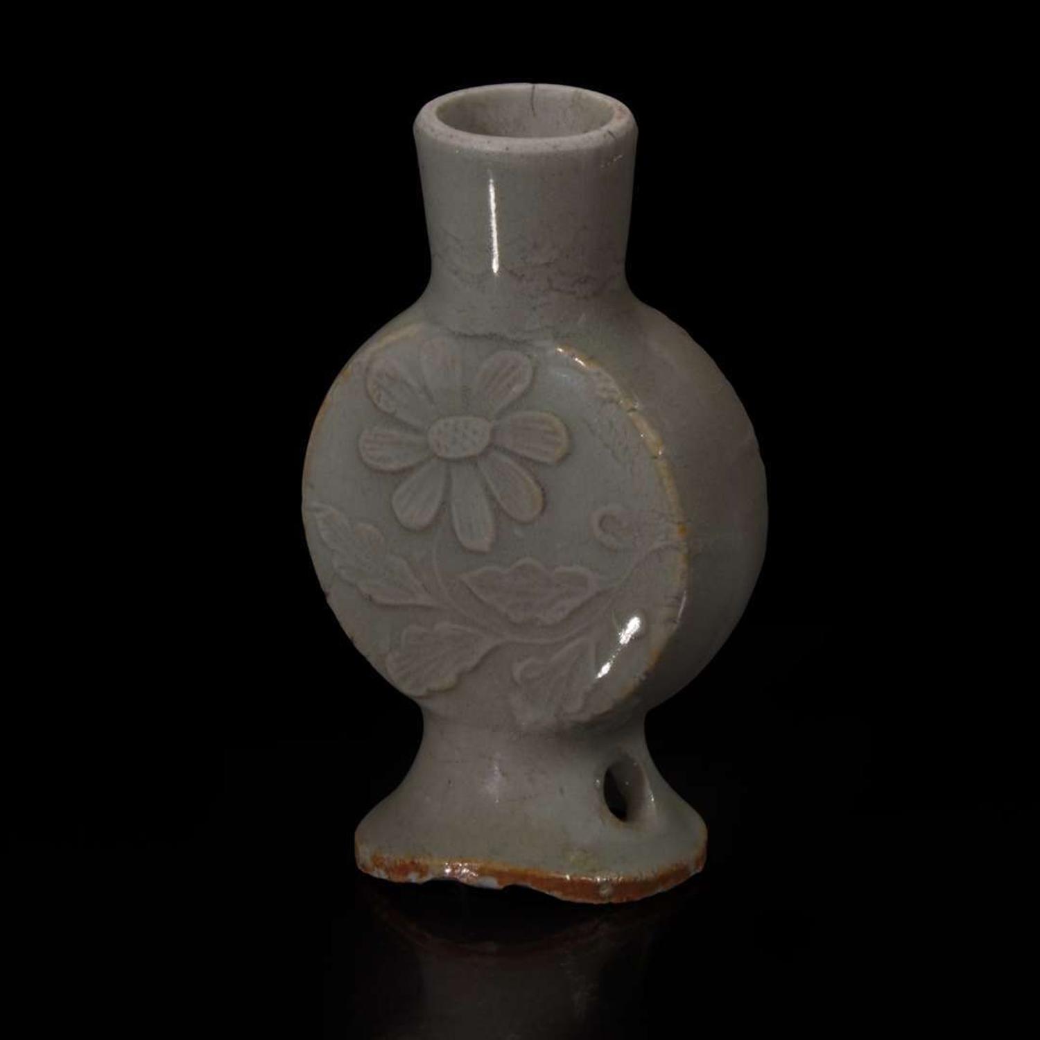 An Unusual Chinese celadon-glazed miniature molded moonflask 青釉袖珍月亮瓶 Probably Ming/early Qing dynasty ??????