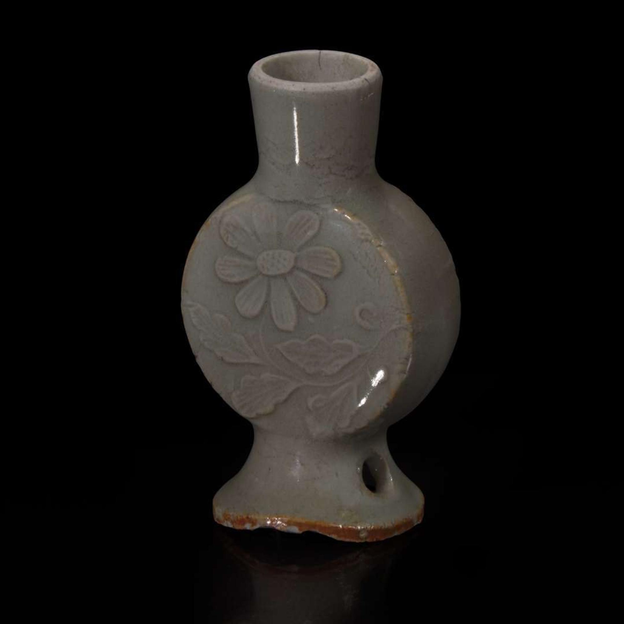 An Unusual Chinese celadon-glazed miniature molded moonflask 青釉袖珍月亮瓶 Probably Ming/early Qing dynasty ??????