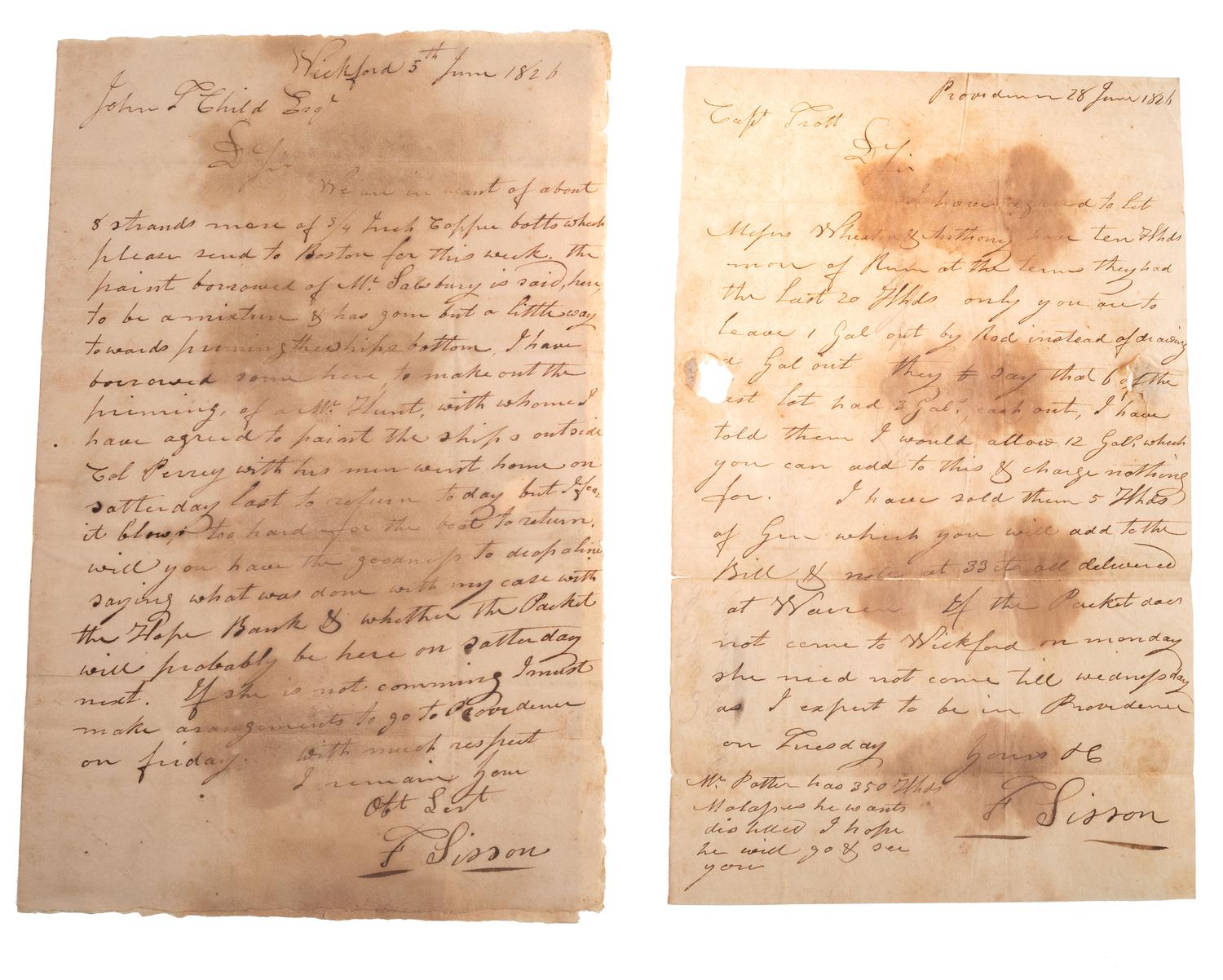 [BUSINESS & COMMERCE] -- [RHODE ISLAND]. A collection of letters associated with Rhode Island merchants Freeborn Sisson (1767-1848) and Captain John Throop Childs (1790-1866), 1824-1827.
