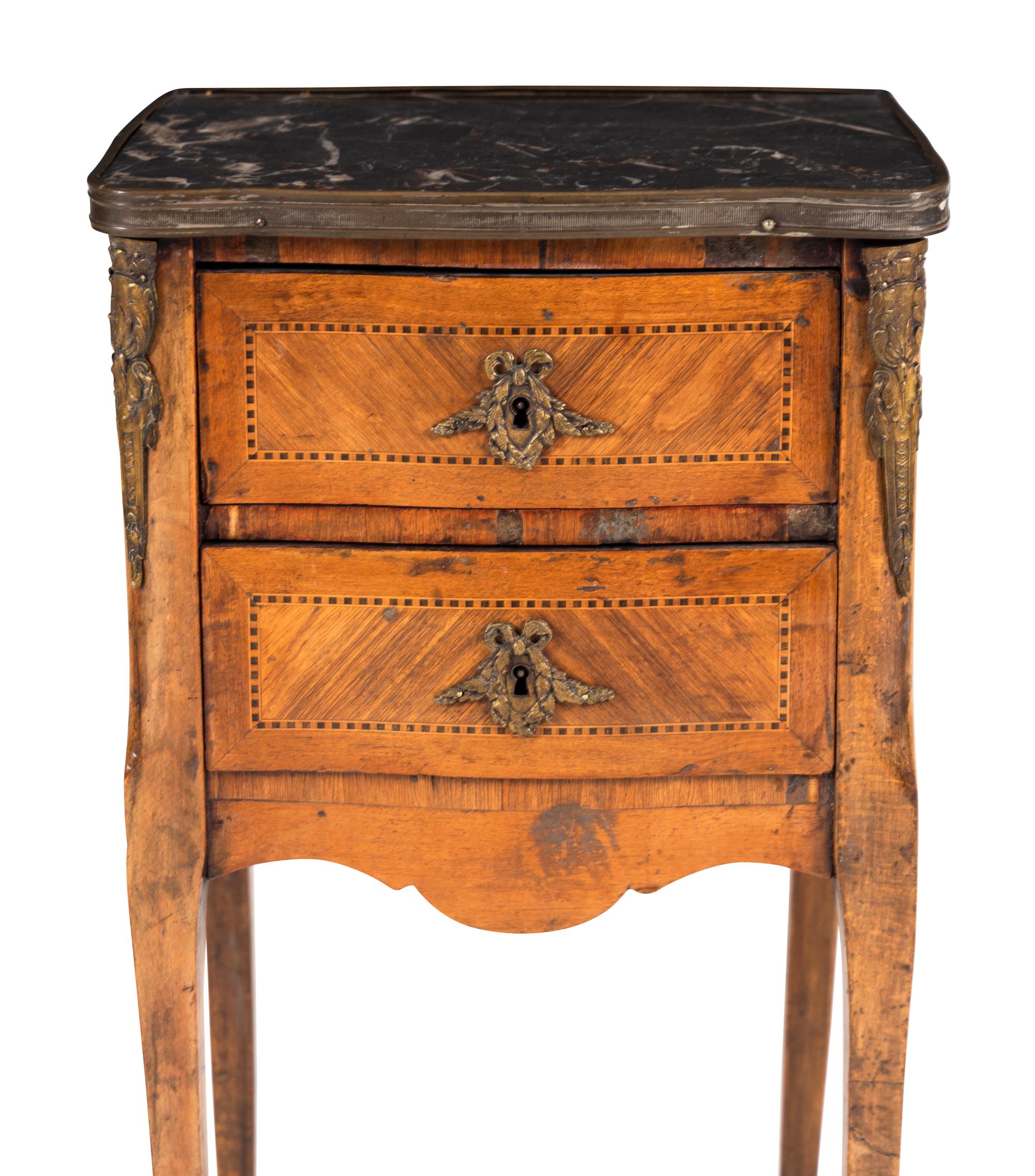 A Louis XV/XVI Transitional Style Marquetry Marble Inset Side Table