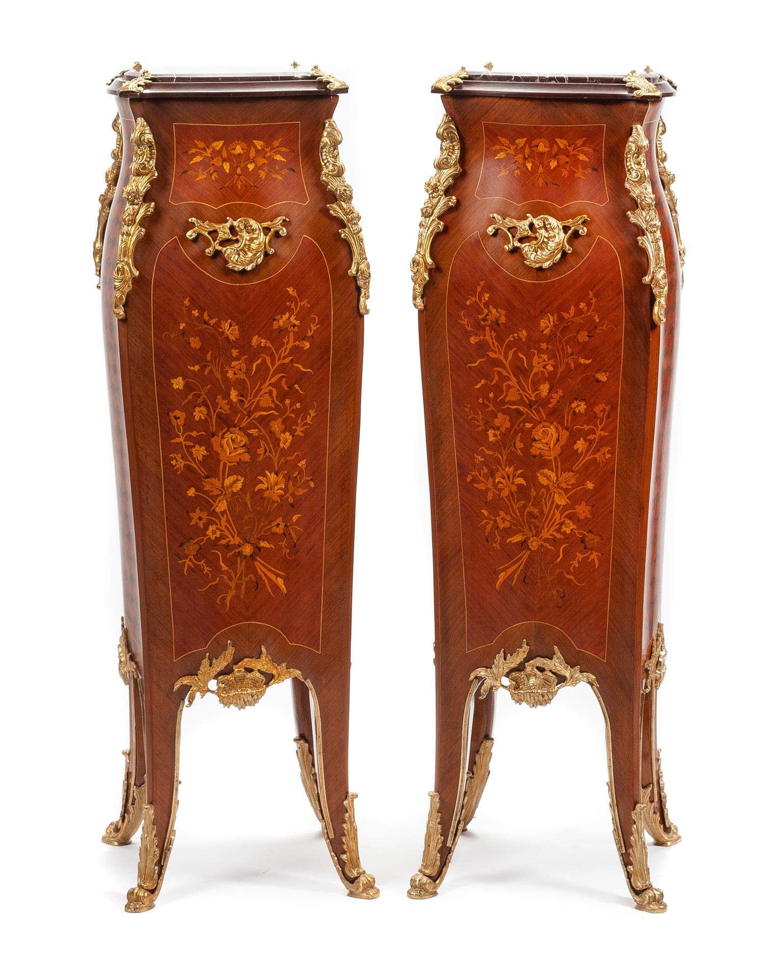 A Pair of Louis XV Style Gilt Bronze Mounted Marquetry Pedestals Height 48 x width 15 x depth 15 inches.