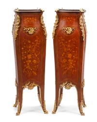 A Pair of Louis XV Style Gilt Bronze Mounted Marquetry Pedestals Height 48 x width 15 x depth 15 inches.