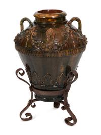 Italian Brown Glazed Ceramic Amphora in an Iron Stand