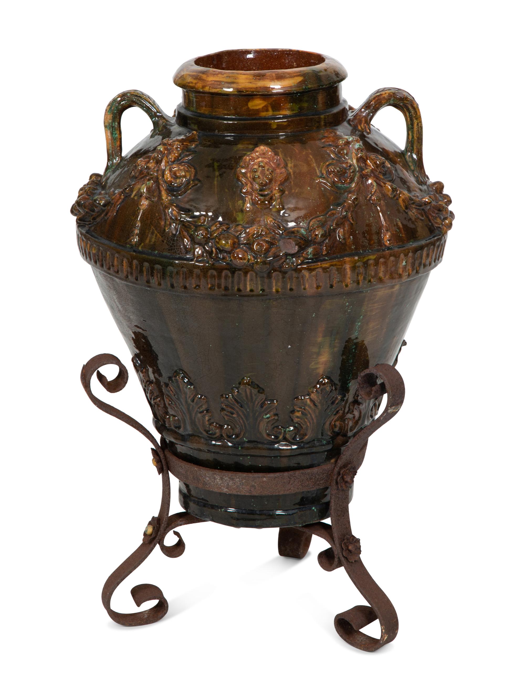 Italian Brown Glazed Ceramic Amphora in an Iron Stand