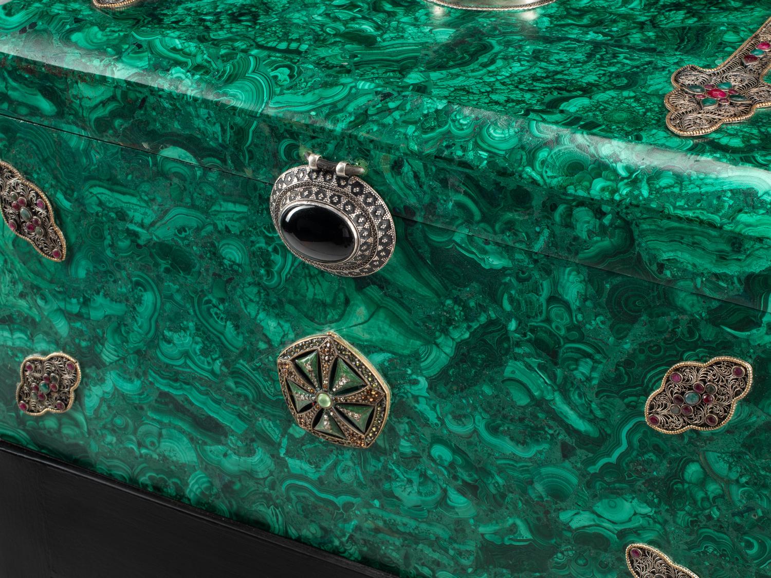 A Large Jeweled Malachite Casket on Stand