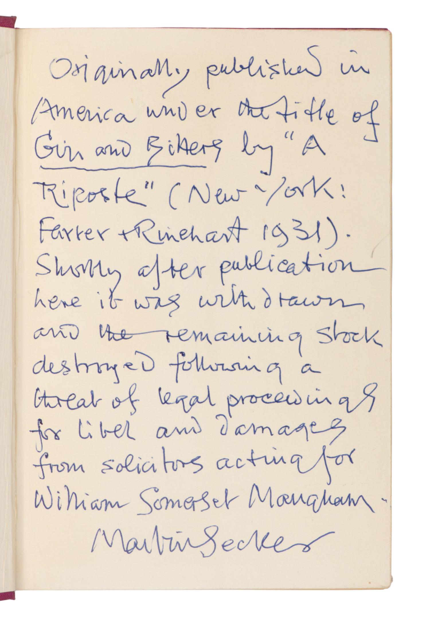 [Maugham, W. Somerset (1874-1965)]. -- [Mourdaunt, Elinor (1872-1942) as:] "A. Riposte." Full Circle. London: Martin Secker, 1931.