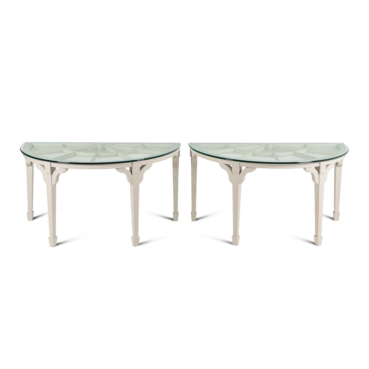A Pair of Custom White-Painted Glass-Top Console Tables