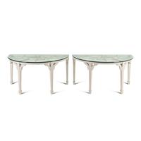 A Pair of Custom White-Painted Glass-Top Console Tables