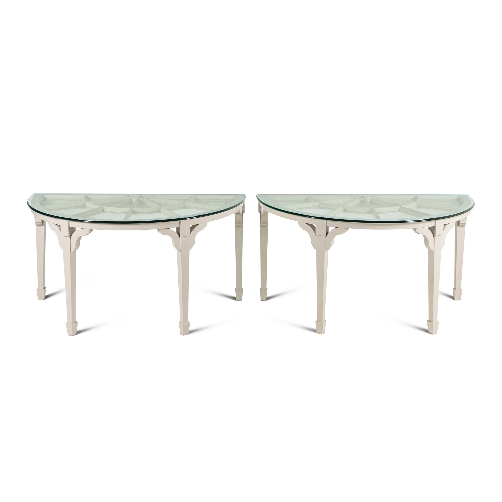 A Pair of Custom White-Painted Glass-Top Console Tables