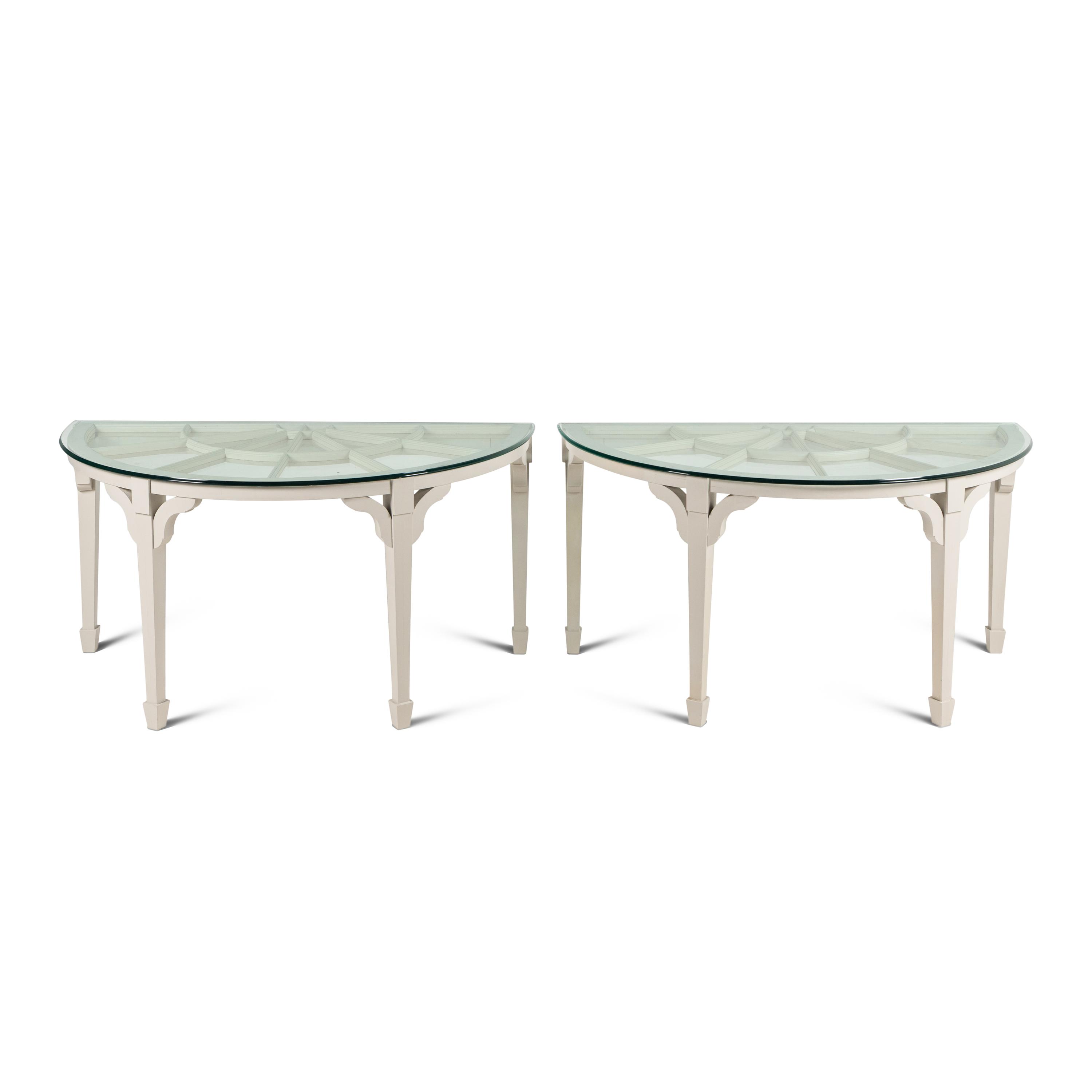A Pair of Custom White-Painted Glass-Top Console Tables