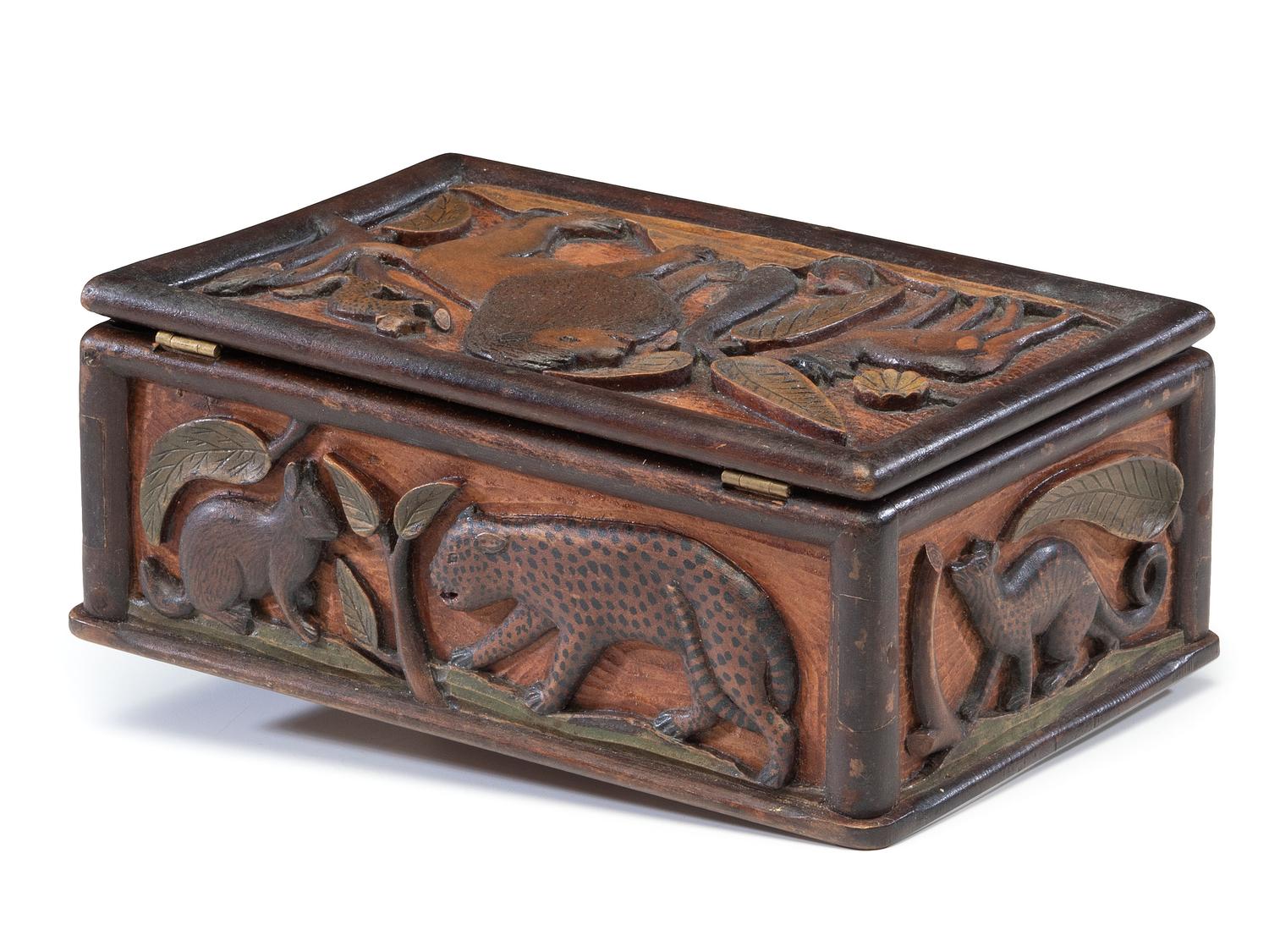 A Folk Art Polychrome Painted Pine Dresser Box with Exotic Animals