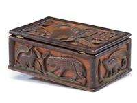 A Folk Art Polychrome Painted Pine Dresser Box with Exotic Animals