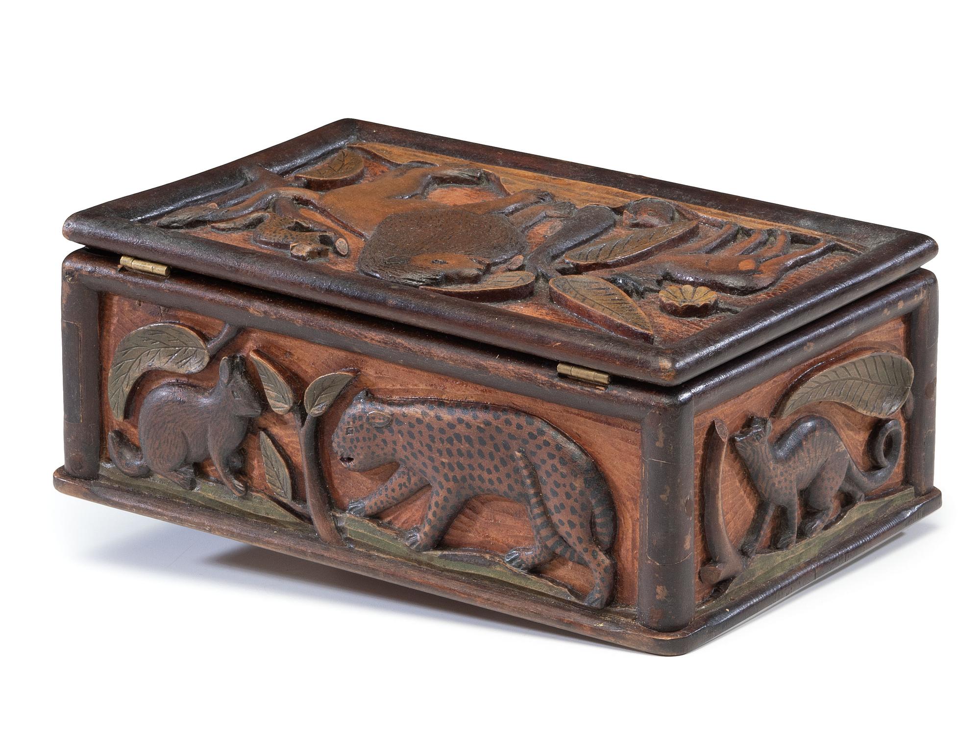 A Folk Art Polychrome Painted Pine Dresser Box with Exotic Animals