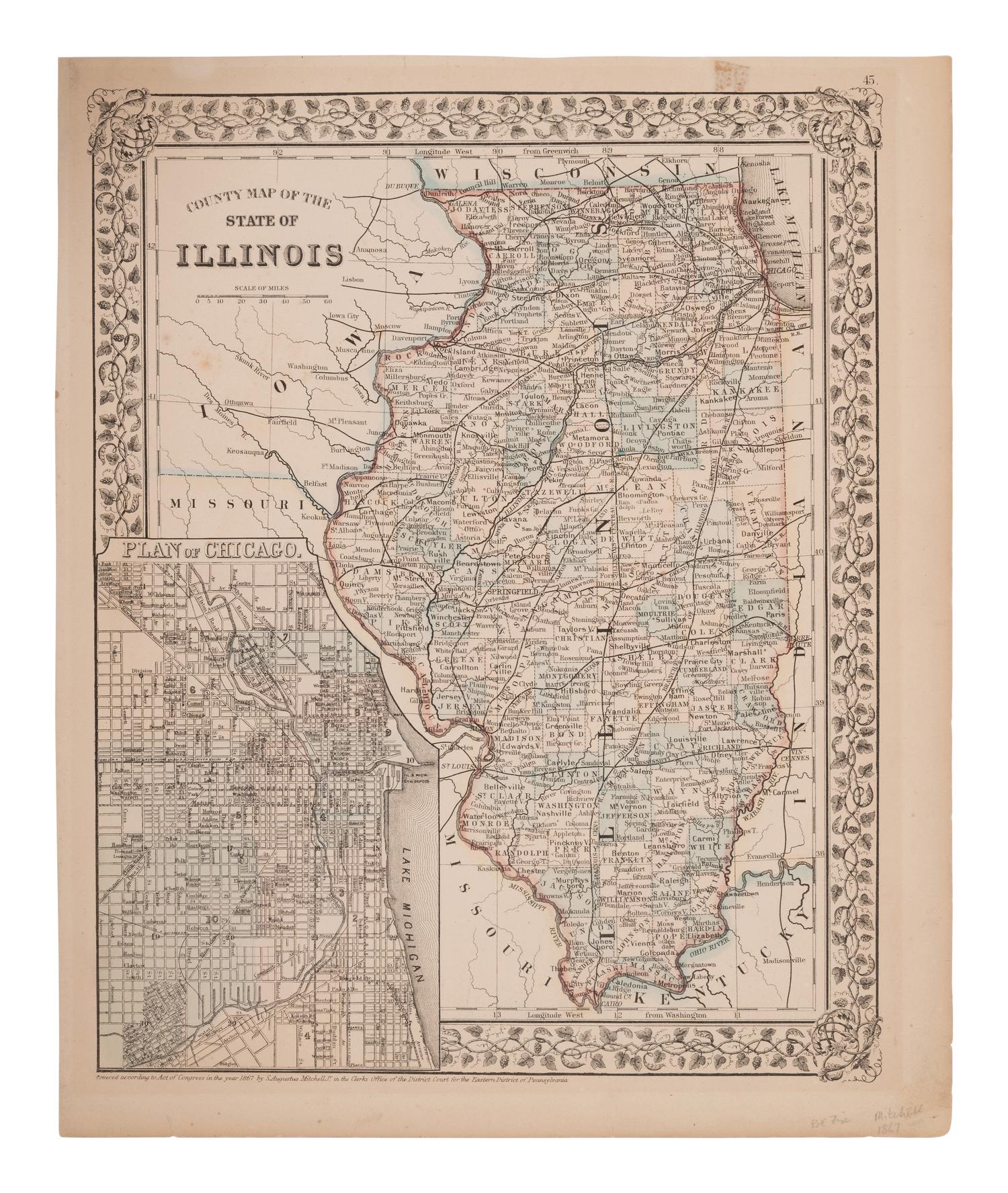 CAREY, Henry Charles (1793-1879) and Isaac LEA (1792-1886). Geographical, Statistical, and Historical Map of Illinois . [Philadelphia, 1822].