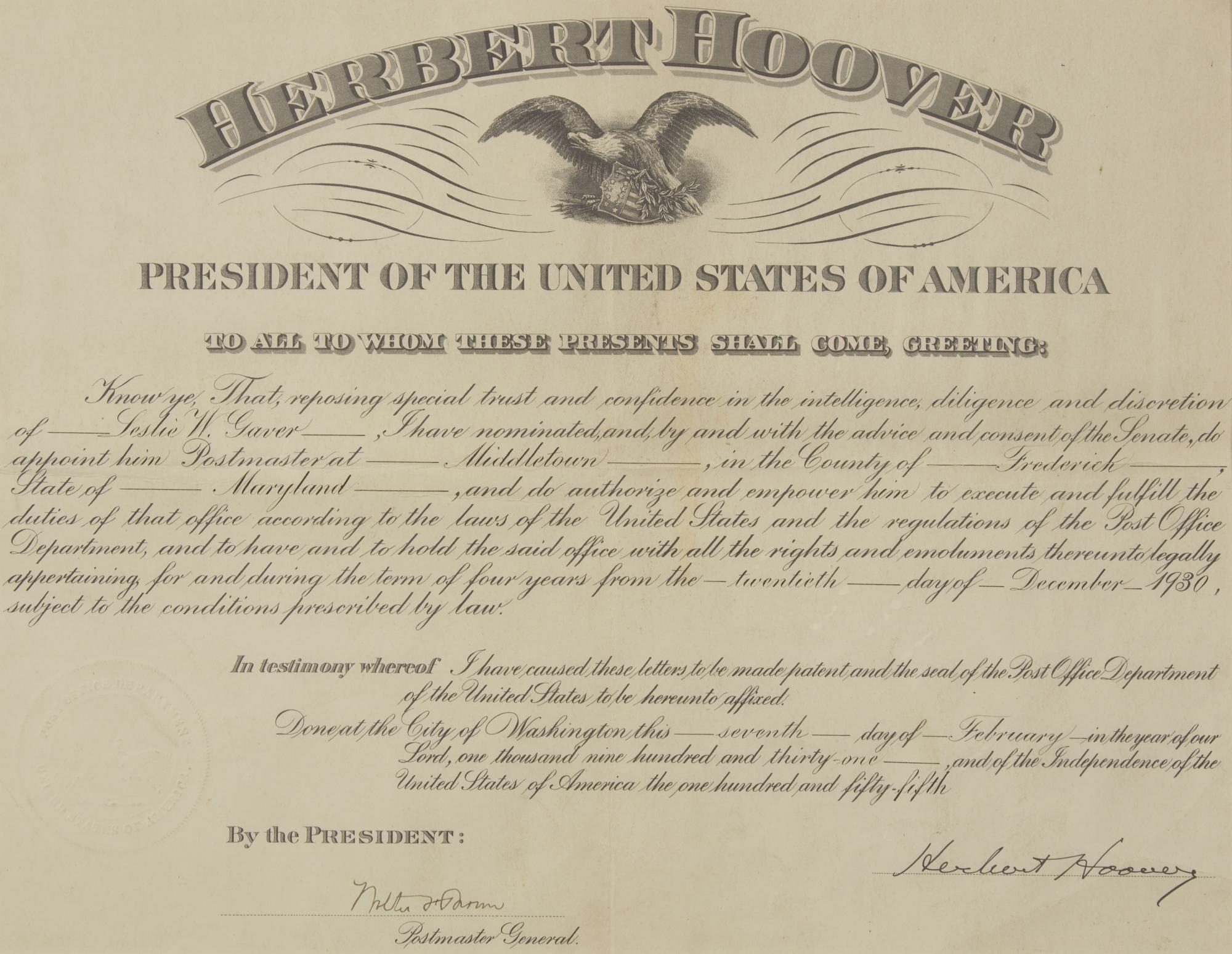 [Presidential] Hoover, Herbert. Partially-printed postal commission, signed
