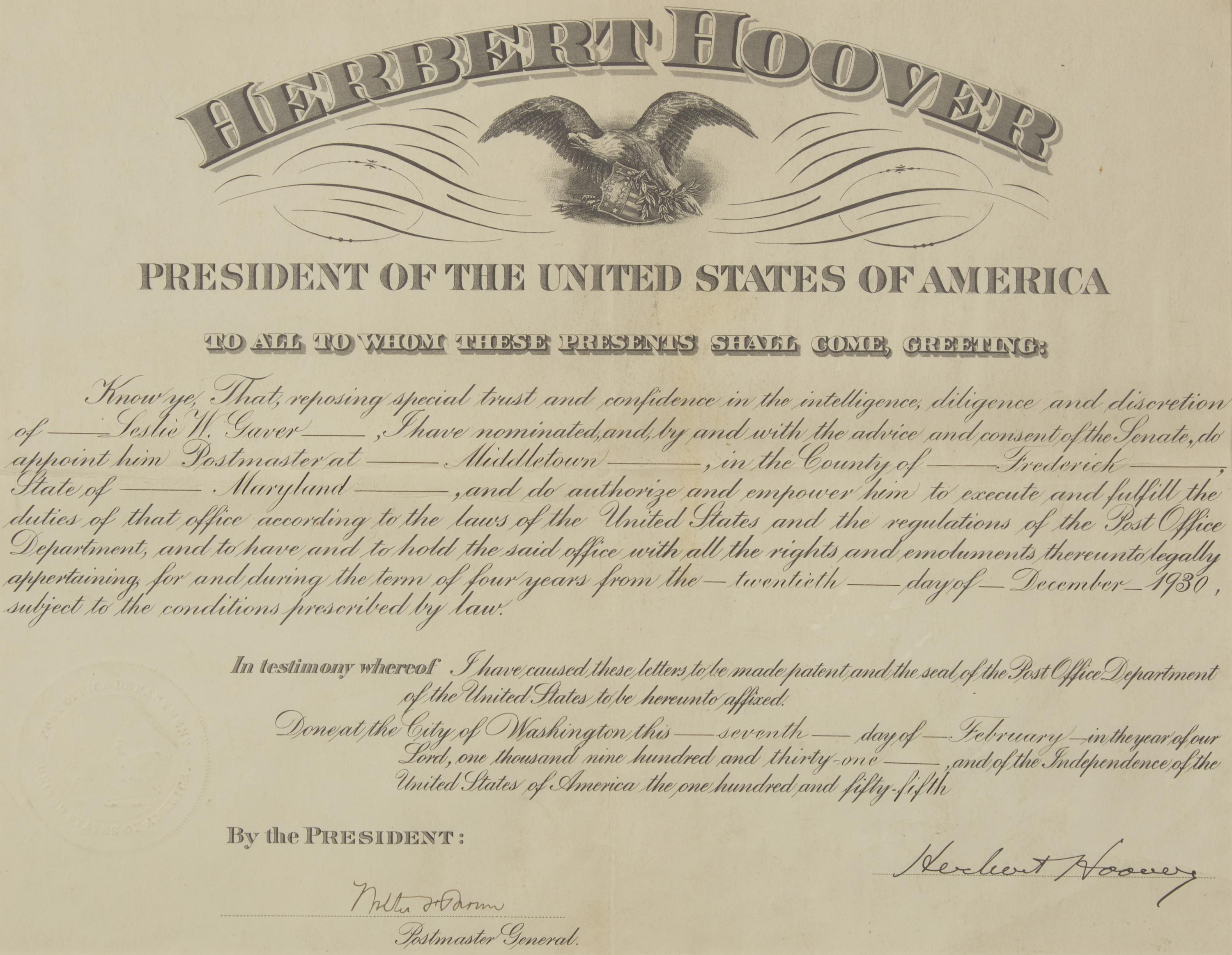 [Presidential] Hoover, Herbert. Partially-printed postal commission, signed