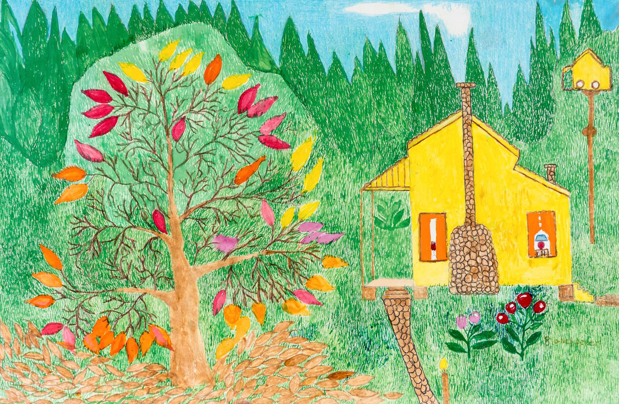 Untitled (Tree and House and Bird House)