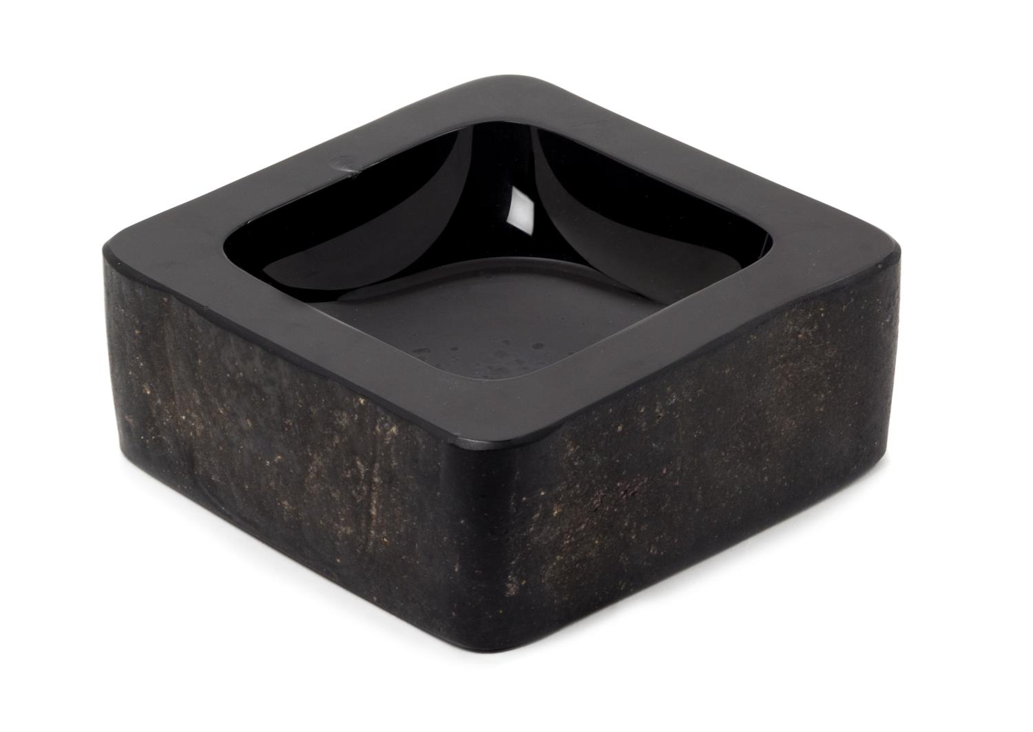A Karl Springer Black Glass Bowl Height 2 3/4 x width 7 x depth 7 inches. — 20TH CENTURY