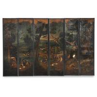 A Continental Painted Canvas Six-Panel Screen
