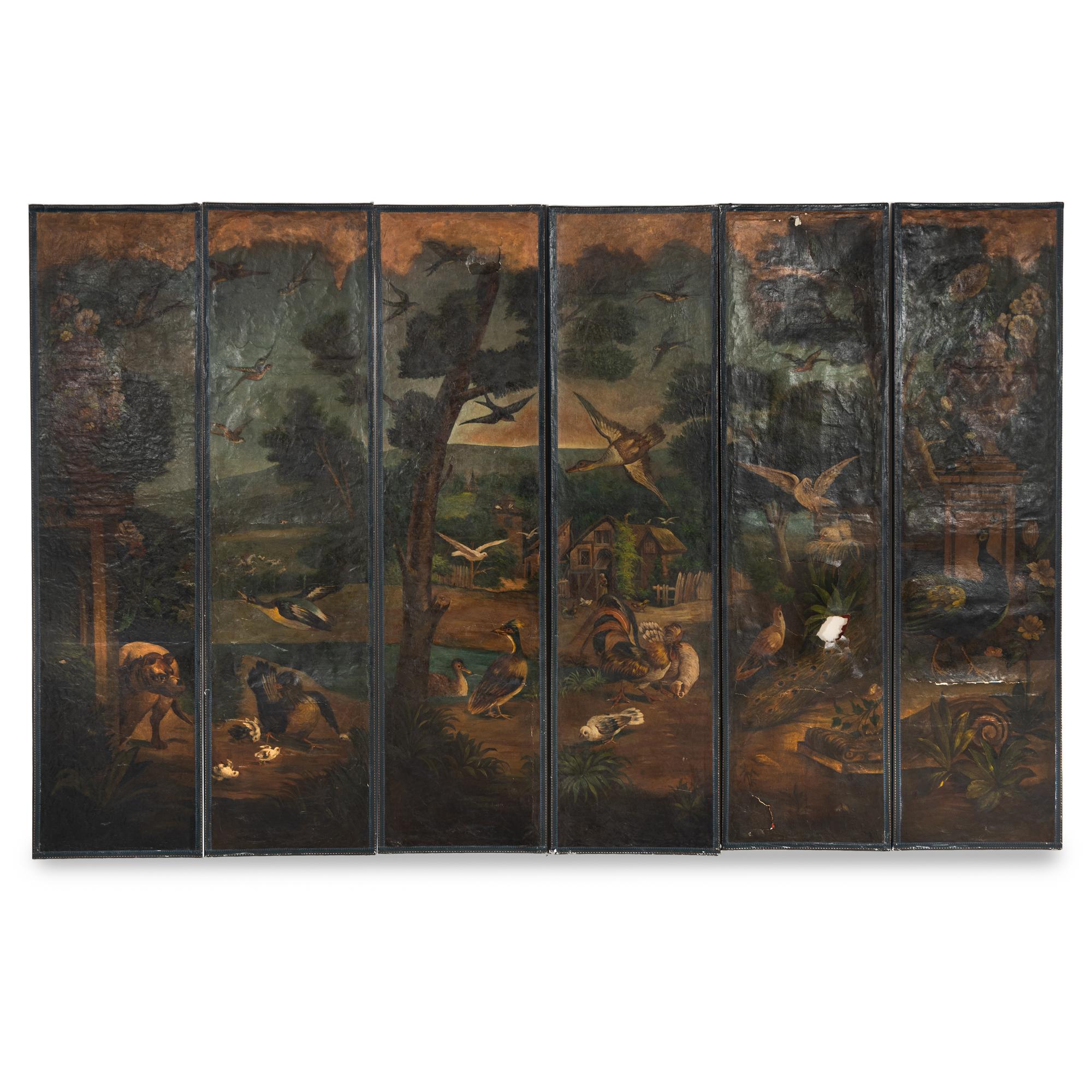 A Continental Painted Canvas Six-Panel Screen